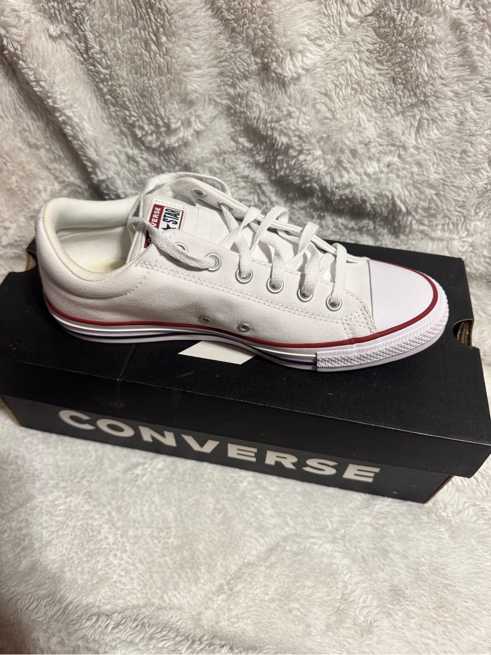 Converse White Low-Top Canvas Sneakers with Red Stripe